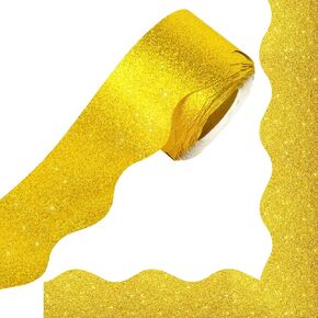 Gold Glitter Bulletin Board Borders, 65.6Ft Shine Gold Scalloped Borders Trim Christmas Glitter Bulletin Board Border Decorations Self-Adhesive Bulletin Stickers for School Office Wall Decor