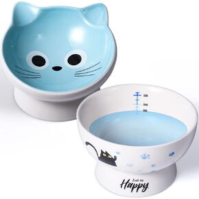 AISBUGUR Ceramic Cat Bowls Set of 2, Elevated 15 Tilted Design for Indoor Cats, Large Capacity, Easy to Clean, Non-Slip Base, Cute Pattern, Blue
