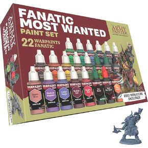 The Army Painter Warpaints Fanatic Most Wanted Set, 22 paints - 14 acrylic colours, 2 Skin Tones, 2 Metallics, 2 Effects, 1 Wash, 1 Brush-On Primer and one Free Miniature Figure