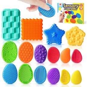 Sensory Fidget Toys for Kids Adults: 16 Pack Textured Silicone Worry Stones for Anxiety Relief, Sensory Stress Toy for Autism Kids Calming, Quiet Fidgets for Classroom Office, Easter Basket Stuffers