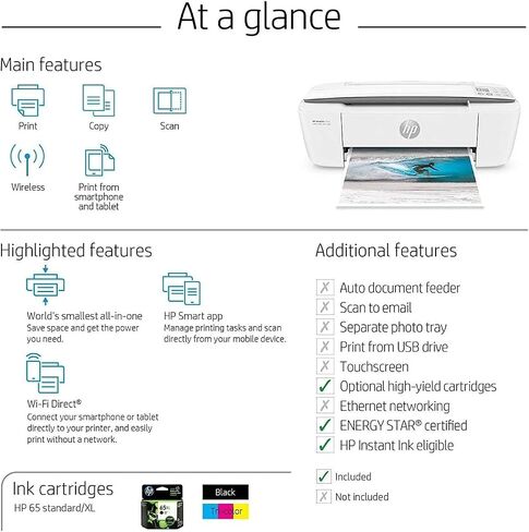 HP Deskjet 3755 Compact All -in -One Printer مع طباعة WiFi للهواتف المحمولة ، خرطوشة الحبر الفورية جاهزة - طابعة أسود/ملونة - Accent (J9V91A) (متجدد) in Saudi Arabia