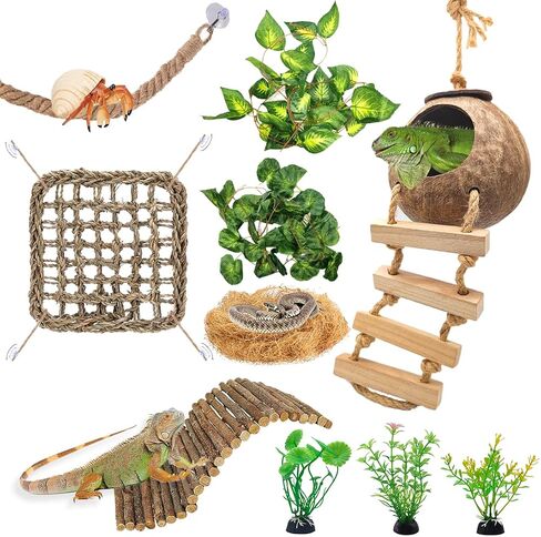 10 Pcs Bearded Dragon Tank Accessories,Coconut House with Ladder, Reptile Hammock, Reptile Vines and Plants, and Other Accessories Suitable for Gecko Chameleon Snakes Lizards,Hermit Crabs,Etc. in Saudi Arabia
