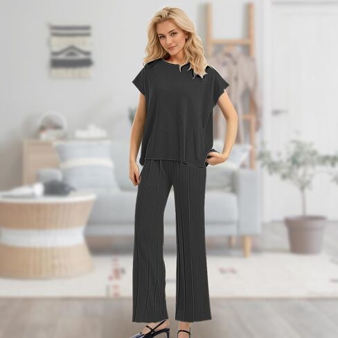 Women's Summer Outfit 2 PCS Set Short Sleeve Tops Tracksuits Casual High Waisted Sweatpants Set in Saudi Arabia