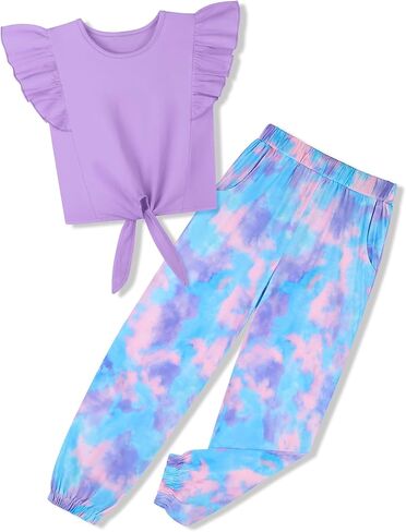 oklady Girls Clothes Solid Color Ruffle Sleeve Shirts with Tie-Dye Pants 2 Piece Set Summer Clothes for Girls 7-14 in Kuwait