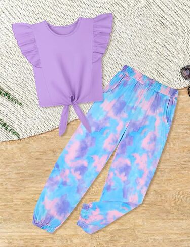 oklady Girls Clothes Solid Color Ruffle Sleeve Shirts with Tie-Dye Pants 2 Piece Set Summer Clothes for Girls 7-14 in Kuwait