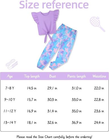 oklady Girls Clothes Solid Color Ruffle Sleeve Shirts with Tie-Dye Pants 2 Piece Set Summer Clothes for Girls 7-14 in Kuwait