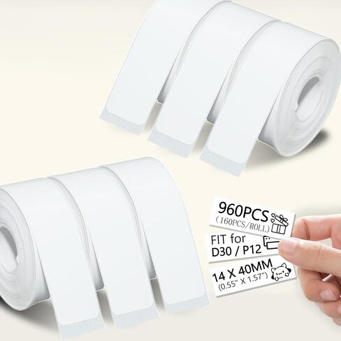 960 PCS مجموعة شريطية بيضاء ، 6 لفات-مقاومة للماء ، مقاومة للدموع ، متوافقة مع D30/P12 ، أي صانعي الملصقات المصغرة 12x40mm ، ورق حراري ملصق للمكتب ، المنزل ، مشاريع DIY (160 ملصقات/لفة) in Kuwait