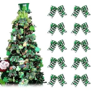 10 PCS St. Patrick's Day Bows for Wreath, Irish Shamrock Wreath Bows Black White Buffalo Plaid Bows Green Burlap Gift Bows for Front Door Saint Patrick's Day Carnival Masquerade Party Decor