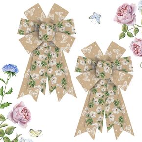 Hying 2 Pieces Spring Flowers Bows for Wreath, Summer Wreath Bows Green Natural Burlap Bows Floral Butterfly Bows Holiday Farmhouse Craft Bows for Front Door Spring Birthday Decorations Supplies