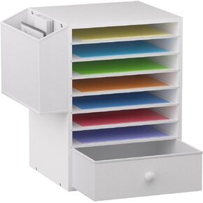 7 Tier Adjustable Countertop Mail Sorter with Drawer , Office Mailboxes With Name Slots, 12 X 12 Paper Storage Slot, Office Desk File Organizer, Wooden Desktop Mailbox For Classroom, White