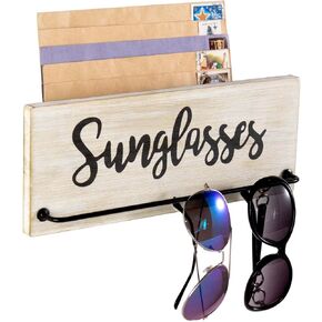 MyGift 12 Inch Wall Mounted Sunglasses Rack and Mail Holder with Shabby White Washed Solid Wood Board, Metal Hanging Bar, and Black Cursive Lettering Label