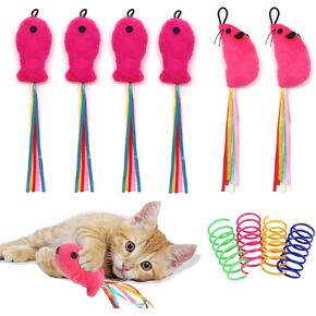 6 Pcs Fish and Mice Catnip Toys Plush Filled, Premium Cat Wand Toy Accessories with Ribbons, Interactive Catnip Toys for Indoor Cats Kitten Exercise, with 4 Pcs Cat Springs