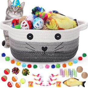 Zopeal 58 Pcs Cat Storage Basket Cat Gift Toys Set, Colorful Flashing Balls Cat Bell Crinkle Balls Cat Spring Toys Attract Cat to Swat, Bite, Hunt, Interactive Toys for Pet (Multicolor)