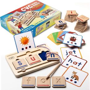 CVC Word Magic: Slide & Trace CVC Word Game for Kindergarten - Elkonin Box Phonics Game for Kids Age 3-5 - CVC Flash Cards & Wood Letter Tiles for Phonics and Spelling - Phonics for Toddlers 2-4 Years