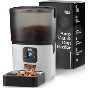 Smart Automatic Cat Feeder - 6-L Reliable Automatic Cat Food Dispenser with Display LCD Screen for Easy Set Up -Portion Control Automatic Dog Feeder - (Black & White, 6 Liter (25 Cups))