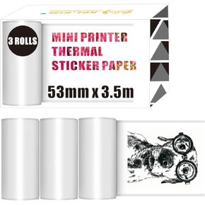 50mm x 3.5m Thermal Sticker Mini Printer Paper for Anycash S1 for Memoking T02 for Ponek T02 for iDPRT S1 for Cabaro for Lopevi D1 for Phomemo M02 M04S M02X T02 Label Printer Paper Refill 3 Roll White