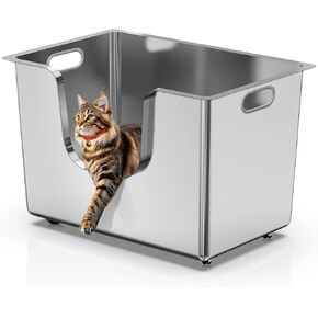 Enclosed Stainless Steel Cat Litter Box 13.8" High Sides, Extra Large Litter Box for Big Cats, XL Metal Kitty Litter Pan Pet Toliet with Wheels for Easy Mobility, Anti-Leakage, Non-Sticky, Easy Clean