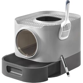 Feandrea Cat Litter Box with Lid, XL Enclosed Litter Box with Slide-Out Tray, Scoop, Brush, Anti-Tracking, for Cats of Different Sizes, Dove Gray and Slat Gray UPPT002B01