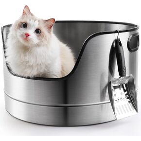 Round Stainless Steel Litter Box for Big Cats, 19.7" Dia x 11.8" H Extra Large One-Piece Metal Cat Litter Box with High Sides, Easy Clean, Odor Control, Non-Stick & Anti-Leak, Includes Scoop and Mat