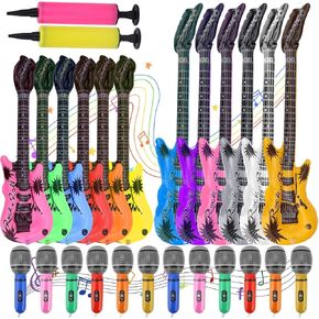 26pcs Inflatable Rock Star Guitar & Microphones, Multicolored Blow up Guitar Musical Instrument Balloons Toy Set for 80s 90s Themed Party Props Favors Birthday Supplies Christmas Decoration