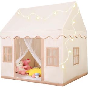 Large Play Tent with Mat for Toddler & Kids, Indoor Playhouse Tent with Star Light and Windows for Girl & Boy,Washable Foldable,Reading Nook,47" x 40" x 52 ",Beige
