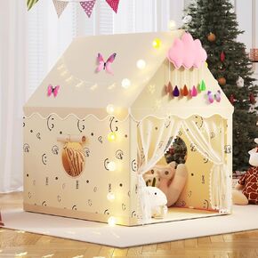 Kids Play Tent, Kids Playhouse Set with Light String, Ball Lights, Colorful Flags, Cloud, Butterfly Decoration, Tent for Kid Indoor & Outdoor, Child Tents Toddles Castle for Boys Girls