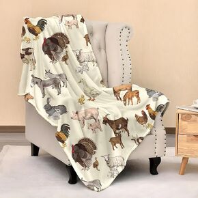 Farm Animal Blanket Throw 80"x60", Cozy Lightweight Plush Cow Chicken Pig Sheep Horse Rabbit Farm Animals Blanket, Gifts for Kids Adults