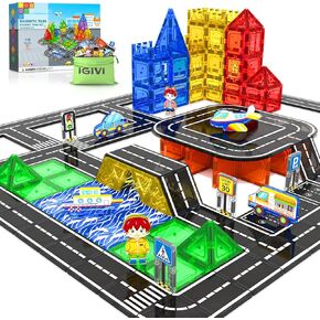 112 PCS Magnetic Tiles Road Set, STEM Magnetic Building Blocks for Toddler Kid Toys, City Construction Toys for 3+ Year Old Boys & Girls, Creative Gifts for Toy Car Enthusiasts