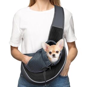 WOYYHO Pet Dog Sling Carrier Adjustable Strap Breathable Mesh Puppy Sling for Small Dogs with Zipper Touch Pocket Safety Leash Dog Sling Carrier for Outdoor Travel (Size M:4.5-9 lbs, Black)