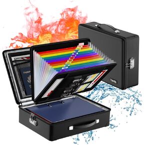 Fireproof Document Box with Fireproof Zipper, Hard Fireproof Safe Case with Lock, Fireproof Water Resistant Safe Box with Accordion File Organizer for Important Documents, Valuables, Laptop, Black