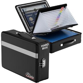 Fireproof Document Box with lock, File Organizer with Fireproof Zipper, Hard Shell Fireproof & Waterproof Storage box, Portable Safe for Home, Important Documents, Laptop, Black