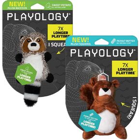 Playology Plush Dog Toy Bundle | Stuffed & Scented Toys for Small Dogs | Peanut Butter Squirrel & Sweet Potato Raccoon
