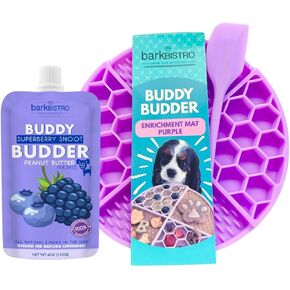 BUDDY BUDDER Bark Bistro Dog Lick Mat Set with Superberry Peanut Butter, Purple Enrichment Mat with Spatula, 4 oz Squeeze Pack