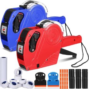 2 Pack 8 Digits Price Gun for Retail Price Tag Gun Kit with 8000 Blank White Labels & 6 Ink Refill & 2 Label Scrapes & 20 Plastic Blades Price Label Gun for Retail Office Shop (Red, Blue)