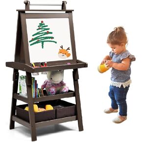 MAT Expert Kids Art Easel, 2-Side Child Easel w/Magnetic Whiteboard, Chalkboard & Paper Roll, Storage Easel w/2-Tier Rack & 2 Storage Boxes, 3 in 1 Toddler Art Craft Supply Drawing Easel (Coffee)
