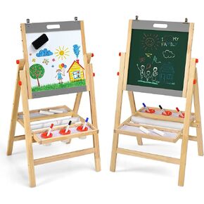 Costzon Art Easel for Kids ، 3-in-1 خشب صغير قابل للطي صغير الحامل المغناطيسي مع صينية ورقة تخزين ، ارتفاع قابلة للتعديل مزدوج على الوجه الأبيض على الوجهين الأطفال الفتيات الفتيات (الطبيعة)