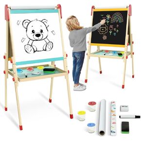 LOL-FUN Easel for Kids, Magnetic Double Sided Wooden Kids Easel for Toddlers with Paper Roll, Adjustable Art Easel for Kids 3-12