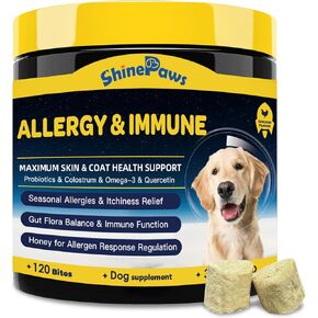 Dog Allergy Relief Chews, Itch Relief for Dogs, Colostrum, Probiotics for Dogs Support Immunity, Omega 3, Honey for Dry & Itchy Skin Relief, Seasonal Allergy, Pawlicking, Hot Spot Treatment, 120 Bites