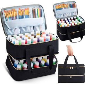 Abbylike Acrylic Paint Organizer Case for up to 64 Bottles (2 Oz) Double Layer Art Supply Storage Bag Alcohol Ink Storage Case Paint Carry Case with Foam Insert and Inner Storage Pocket