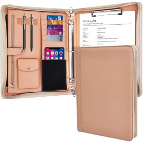 Zippered 3 Ring Portfolio Binder Folder, Faux Leather Padfolio Ring Binder Business Portfolio Organizer A4 Letter Size with Dual Zippers for Women Meeting,Presentation,Interview,Traveling