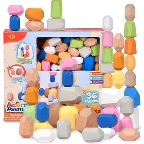 36 PCS Wooden Bright Earth Color Sorting Stacking Rocks Stones,Sensory Toddler Toys Learning Montessori Toys, Building Blocks Game for Kids 3+, Boy and Girl Birthday Gifts for Kids