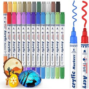 Acrylic Paint Markers, 24 Vibrant Colors Acrylic Markers Pens, No Bleeding, Work on Anything for Rock Painting Canvas Wood Ceramic Glass Crafts Art Supplies, Easy for All Ages, Dual Tip Medium + Fine