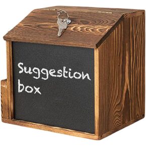 Rustic Burnt Wood Suggestion Box,Wood Wall Mountable Donation Box, Comment Ballot Box with Lock and Key, Prayer Request Box Proofing Box, Clear Acrylic Sign Holder and Chalkboard Surface