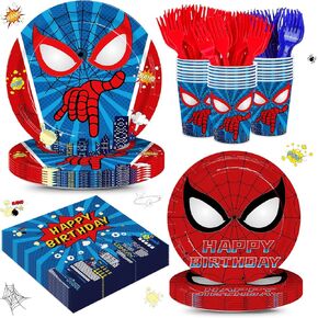 120pcs Spider Birthday Party Supplies Kids Paper Plates Napkins Cup Red Blue Forks Boys Birthday Party Decorations Disposable Tableware Set Serve 24 Guests