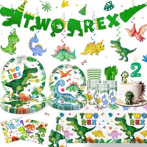 cocomigo Two Rex Birthday Decorations Boy with Number Candles, 25 Serves T-Rex Disposable Tableware Set, with Trex Banner Plates Napkins and Cups TableCloth for 2nd Dinosaur Themes Party
