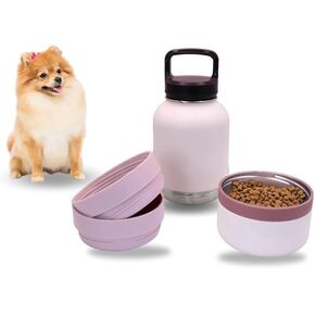 Ohmypet | محطة زجاجة ماء للحيوانات الأليفة مع 3 أوعية وزجاجة 32 أوقية ، وردي أو أزرق | للسفر نزهة المشي لمسافات طويلة