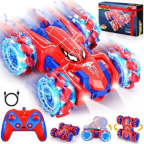 Spider Remote Control Car for Boys 4-6,360° Rotating Double-Sided Rechargeable RC Stunt Cars with Cool Headlights,2.4Ghz 4WD Off-Road Racing Cars for Kids Age 4 5 6 7 8 9 10 11 12 (Red1)