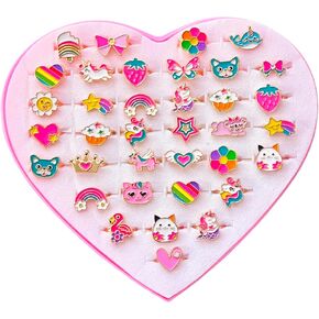 Elesa Miracle 36pcs Children Kids Little Girl Adjustable Jewelry Rings in Box Girl Pretend Play and Dress up Rings Birthday Gifts for Girls