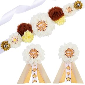 Here Comes The Sun Gender Reveal Maternity Sash Kit, Boho Sunshine Baby Shower Belly Belt and Mom to Be Dad to Be Corsage Pins, New Parents Pregnancy Announcement Photo Props Party Supplies
