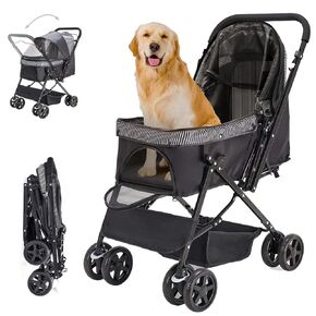 Dog Stroller for Large Medium Dogs & Cats with Reversible Handle, Foldable Pet Stroller Travel Carriage with Large Storage Basket, Gray